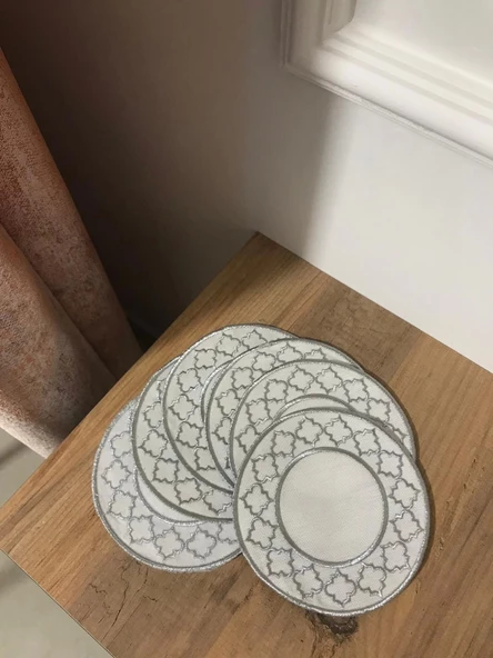 NİVEMESHOME FAS NAKIŞLI GÜMÜŞ OVAL (6 ADET) KETEN KOKTEYL PEÇETESİ KAHVE YANI SUNUMLUK - 5