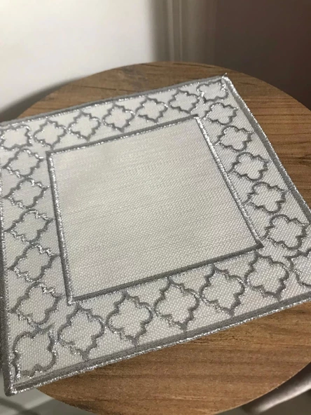 NİVEMESHOME FAS NAKIŞLI GÜMÜŞ KARE (6 ADET) KETEN KOKTEYL PEÇETESİ KAHVE YANI SUNUMLUK - 2