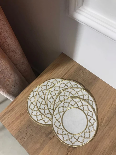 NİVEMESHOME FAS NAKIŞLI GOLD OVAL (6 ADET) KETEN KOKTEYL PEÇETESİ KAHVE YANI SUNUMLUK - 5