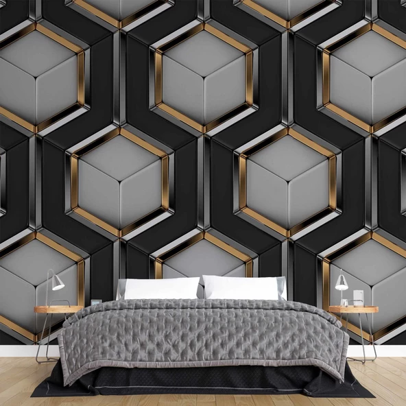 3 Boyutlu Siyah Gold Petek Duvar Kağıdı Baskı - Resim 2