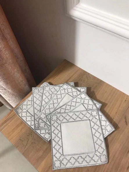 NİVEMESHOME FAS NAKIŞLI GÜMÜŞ KARE (6 ADET) KETEN KOKTEYL PEÇETESİ KAHVE YANI SUNUMLUK - 5