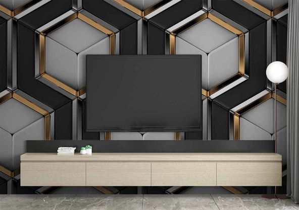 3 Boyutlu Siyah Gold Petek Duvar Kağıdı Baskı - Resim 3