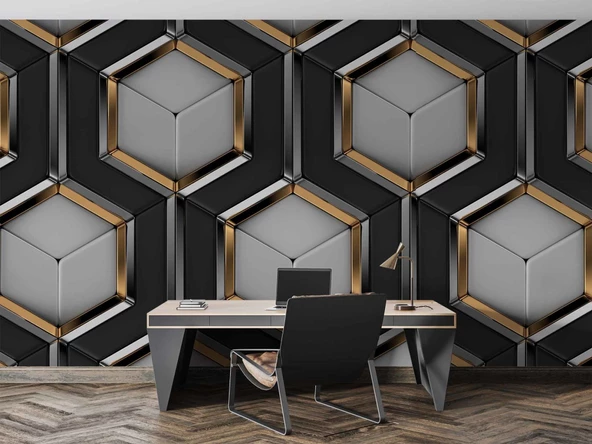 3 Boyutlu Siyah Gold Petek Duvar Kağıdı Baskı - Resim 4