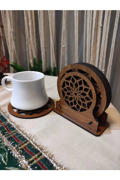 Ahşap Mandala Desenli Bardak Altlık 6'lı - 3