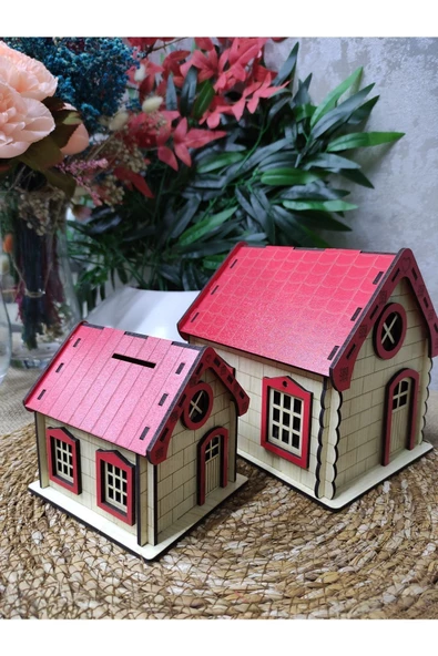 Ahşap ev kumbara ebeveyn& çocuk 2li büyük &küçük kırmızı renk - 4