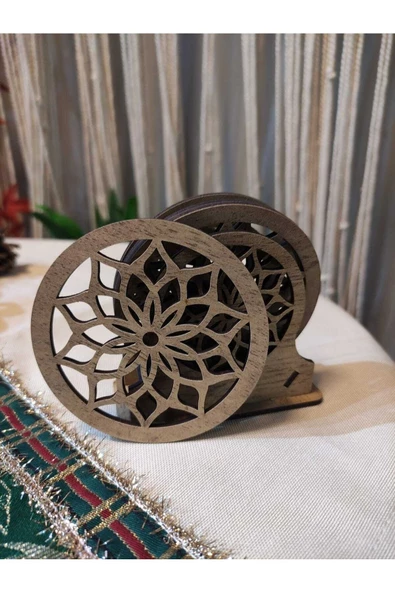 Ahşap Mandala Desenli Bardak Altlık 6'lı - 4