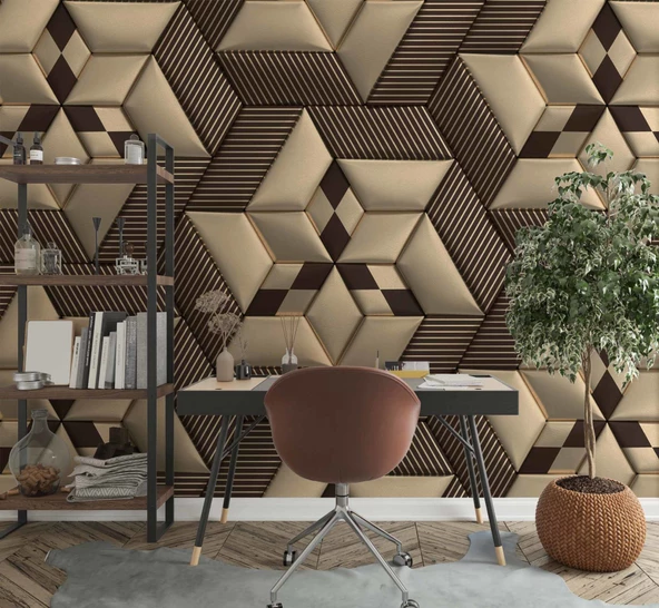 3 Boyutlu Kahverengi Deri Görünümlü Duvar Kağıdı Baskı - Resim 4