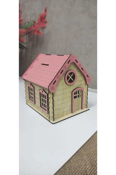 Ahşap ev kumbara büyük pembe Ev& Ofis - 2