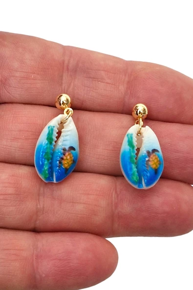 Üzeri Resimli Gerçek Deniz Kabuğu Küpe 30-D2 - 2