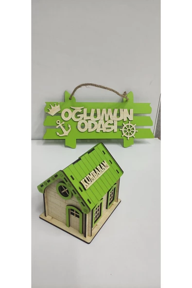 Ahşap ev kumbara küçük ,& oğlumun odası kapı süsü yeşil renk - Resim 2