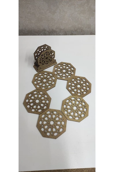 Ahşap Selçuklu bardak altlık 6lı stantlı modenarenk - Resim 2