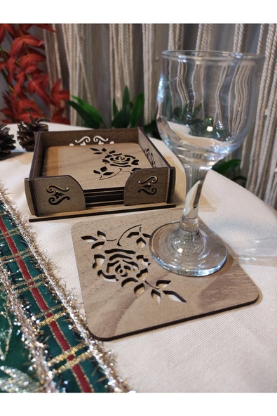 Ahşap Gül Desenli Bardak Altlığı 6'lı - 2