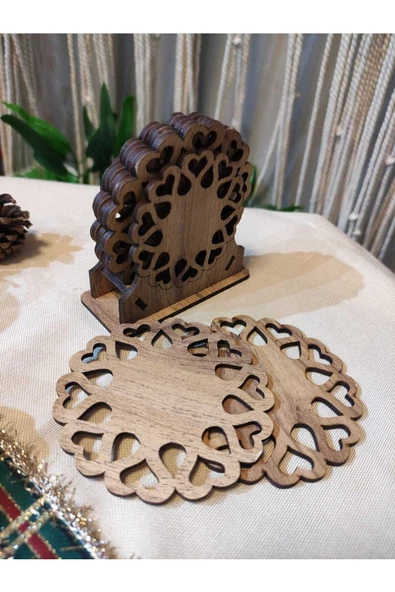 Ahşap Kalp Desenli Bardak Altlık 6'lı - 2