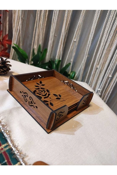 Ahşap Gül Desenli Bardak Altlık - 2