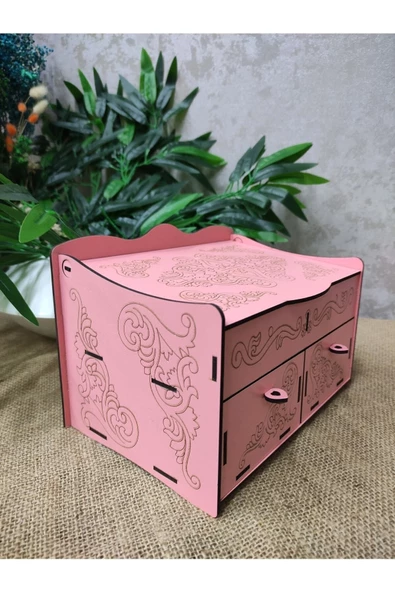 Pembe Ahşap 4 Bölmeli Takı Kutusu - 3