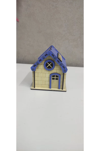 Ahşap mavi ev kumbara küçük - Resim 2