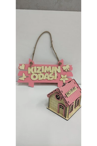 Ahşap Kumbara&Kızımın Odası Kapı Süsü Pembe Renk - 1