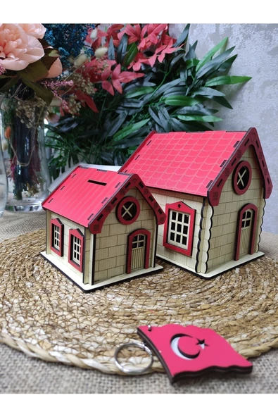 Ahşap ev kumbara ebeveyn& çocuk 2li büyük &küçük kırmızı renk