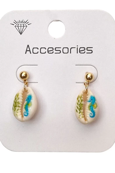 Üzeri Resimli Gerçek Deniz Kabuğu Küpe 30-D3 - 4