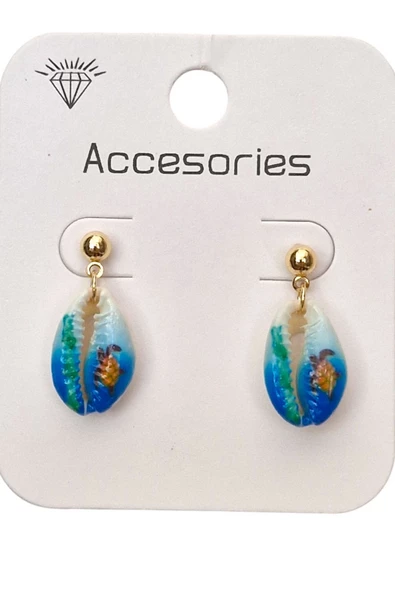 Üzeri Resimli Gerçek Deniz Kabuğu Küpe 30-D2 - 4