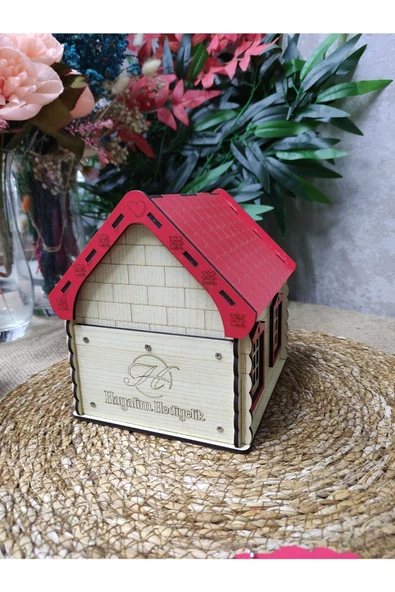 Ahşap ev kumbara ebeveyn& çocuk 2li büyük &küçük kırmızı renk - 3