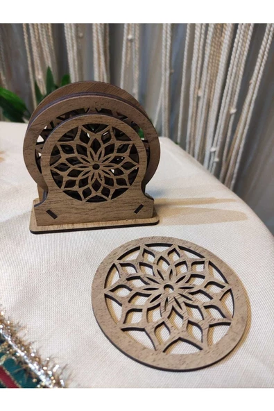 Ahşap Mandala Desenli Bardak Altlık 6'lı - 2