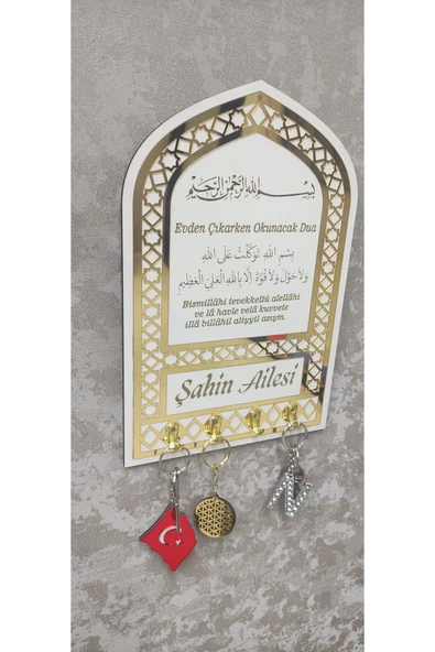 Dekoratif aynalı Gold  Anahtar  askılık dualı isme özel  5mm ahşap beyaz - 3