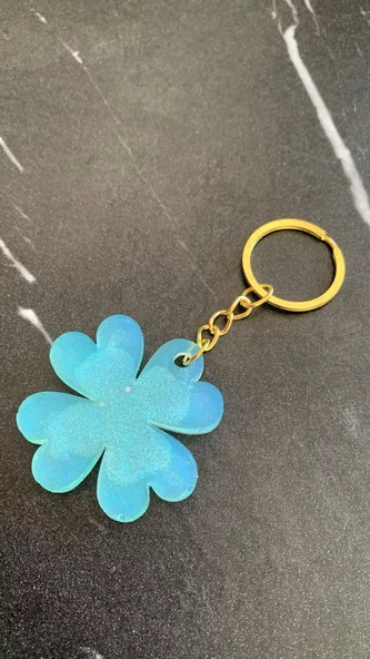 Parlak Mint Yeşili Renk Gold Aksesuarlı Yonca Şekil Anahtarlık El Yapımı Epoksi - Resim 6