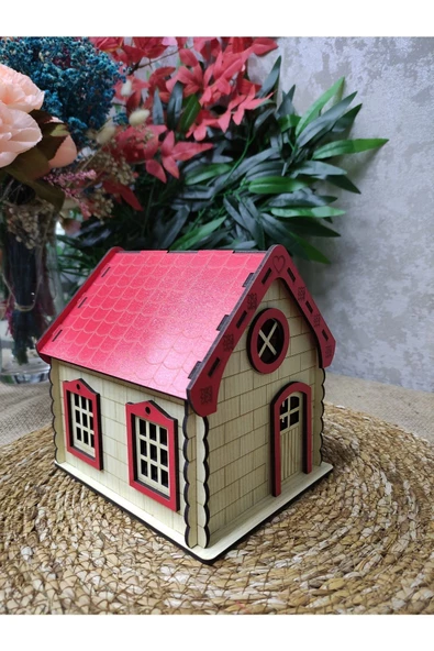 Ahşap ev kumbara ebeveyn& çocuk 2li büyük &küçük kırmızı renk - 2