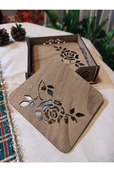 Ahşap Gül Desenli Bardak Altlığı 6'lı - 3