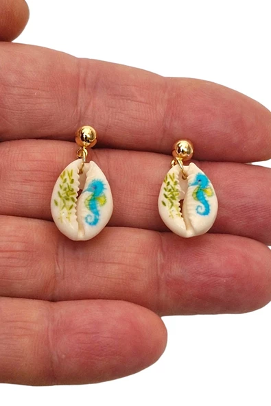 Üzeri Resimli Gerçek Deniz Kabuğu Küpe 30-D3 - 2