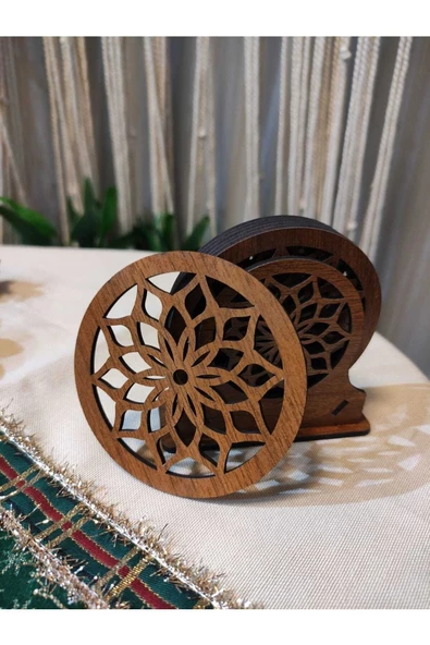 Ahşap Mandala Desenli Bardak Altlık 6'lı - 4