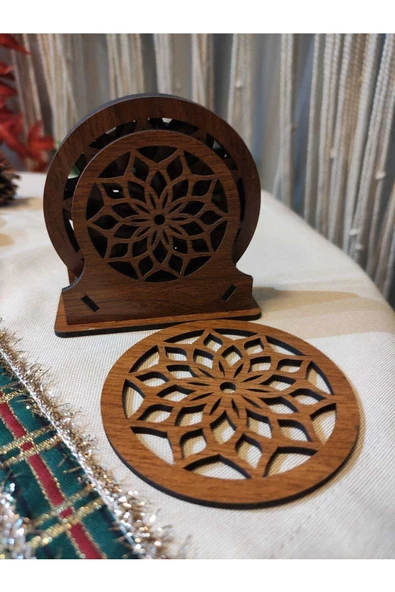 Ahşap Mandala Desenli Bardak Altlık 6'lı - 2
