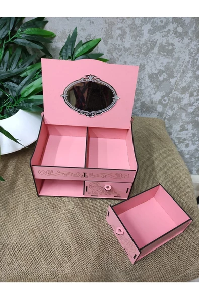 Pembe Ahşap 4 Bölmeli Takı Kutusu - 2