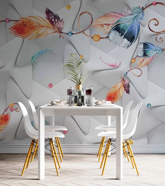 Renkli Tüy Desenli Geometrik Şekilli 3 Boyutlu 3D Duvar Kağıdı - Resim 5