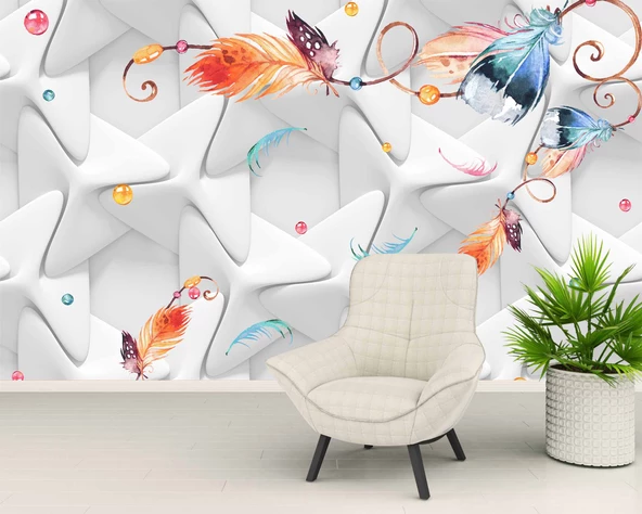 Renkli Tüy Desenli Geometrik Şekilli 3 Boyutlu 3D Duvar Kağıdı - Resim 6