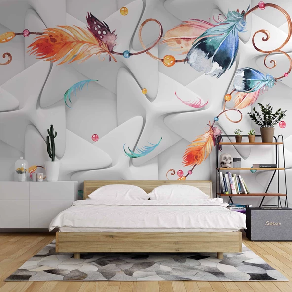 Renkli Tüy Desenli Geometrik Şekilli 3 Boyutlu 3D Duvar Kağıdı - Resim 2