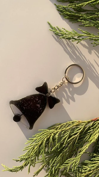 Siyah Renk Gümüş Simli Zil Çan Yılbaşı Temalı Anahtarlık Gümüş Aksesuarlı El Yapımı Epoksi Hediyelik - Resim 3