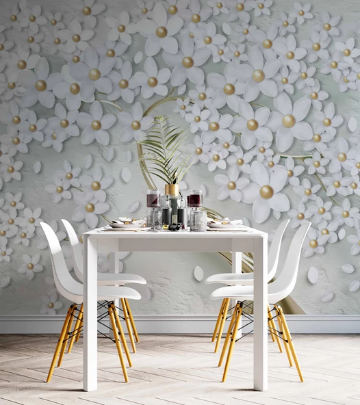 3 Boyutlu Beyaz Papatya Duvar Kağıdı - Resim 5