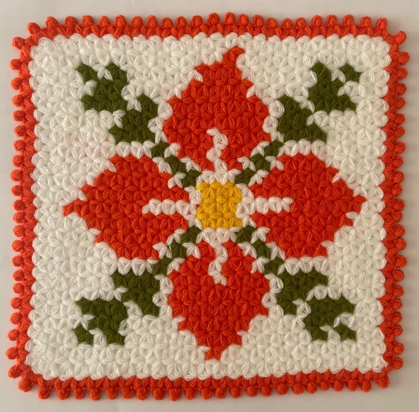 Banyo Lifi Yün El Örmesi Ceyizlik Kare  Çiçek Desenli - Turuncu - 2