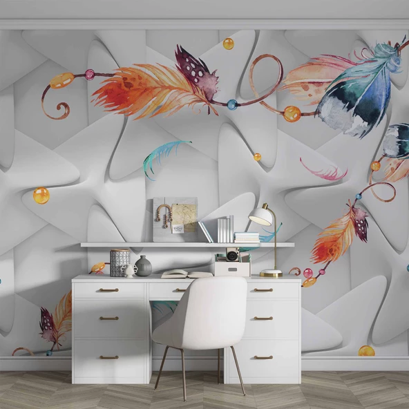 Renkli Tüy Desenli Geometrik Şekilli 3 Boyutlu 3D Duvar Kağıdı - Resim 4