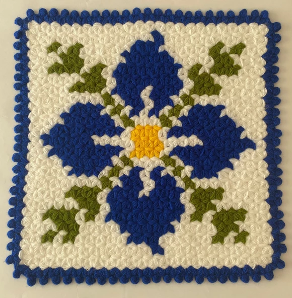 Banyo Lifi Yün El Örmesi Ceyizlik Kare Çiçek Desenli - Mavi - 2