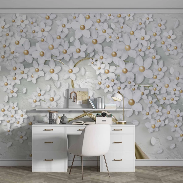 3 Boyutlu Beyaz Papatya Duvar Kağıdı - Resim 4