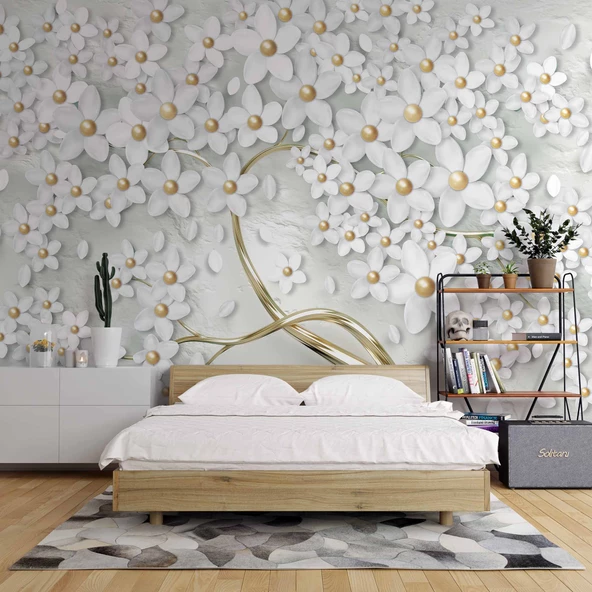 3 Boyutlu Beyaz Papatya Duvar Kağıdı - Resim 2