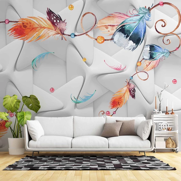 Renkli Tüy Desenli Geometrik Şekilli 3 Boyutlu 3D Duvar Kağıdı ürün görseli