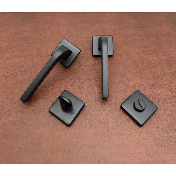 Tog Mat Siyah Kare Rozetli Wc Banyo Kapı Kolu 1 Takım - Resim 2