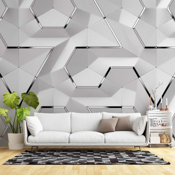 3 Boyutlu Beyaz Geometrik Kabartma Görünümlü Duvar Kağıdı Baskı