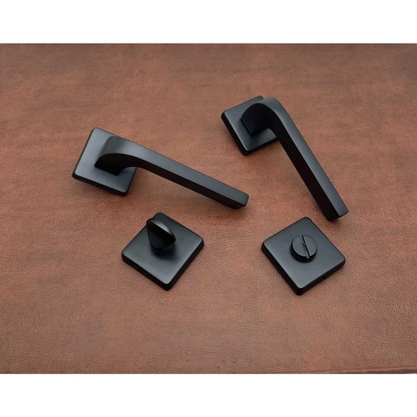 Tog Mat Siyah Kare Rozetli Wc Banyo Kapı Kolu 1 Takım - Resim 5