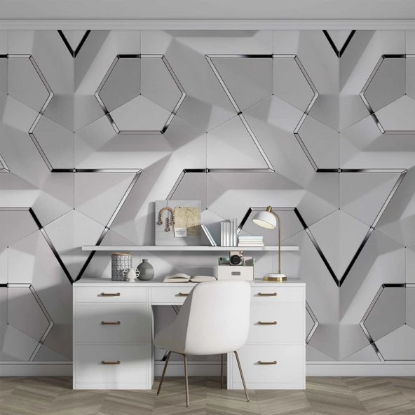 3 Boyutlu Beyaz Geometrik Kabartma Görünümlü Duvar Kağıdı Baskı - Resim 4
