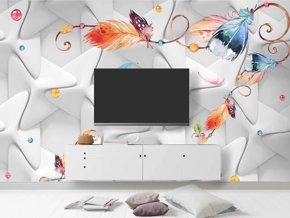 Renkli Tüy Desenli Geometrik Şekilli 3 Boyutlu 3D Duvar Kağıdı - Resim 3